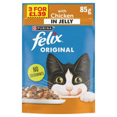 Felix - Original Chicken in Jelly, 85g pouch, showcases chicken in jelly with a delightful cat image and text "no colourants." Available at an unbeatable price: 3 for £1.39.